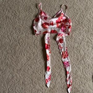 SHEIN Pink Floral Tie-Front Tank Top